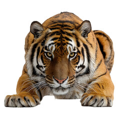 Fototapeta premium Tiger crouched and ready to pounce and hunting mode with focused expression and isolated white background Batch realistic clean bright simple modern stock image isolated on plain background for web