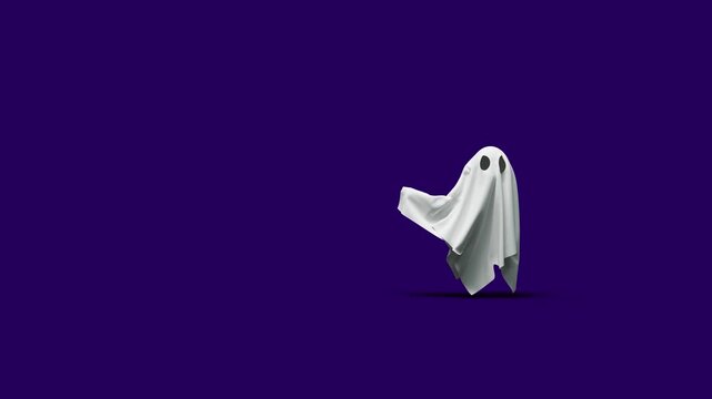 a ghost made of a sheet appears and points at something with its arm, then leaves - 3D rendering