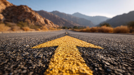 Road to the horizon with arrow, focusing on asphalt texture and directional marking, conveying journey and destination under clear sky, mountains background.