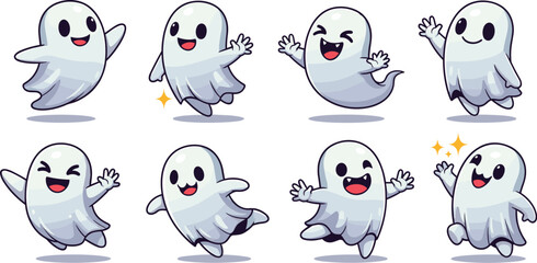 Cute cartoon ghosts wave hello. Spooky, halloween, fun, spirit, character, icon, graphic, holiday, party, october, scary, fantasy, cheerful, playful, design