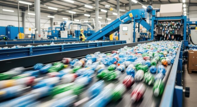 Plastic bottle waste stream flowing through sorting conveyors inside a recycling center.