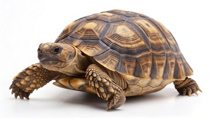 Naklejka premium A beautiful Sulcata tortoise, also known as an African spurred tortoise, captured in a studio setting with a clean white background. Its intricate shell patterns and textured skin are clearly visible