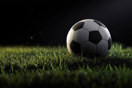 A classic black and white soccer ball rests on lush green grass, subtly illuminated against a dark background, suggesting nighttime or low light