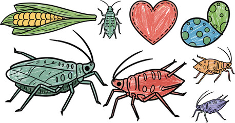 Colorful drawing of aphids and corn. Pests, insects, agriculture, garden, crop infestation, farming, nature, natural, food, sketch.