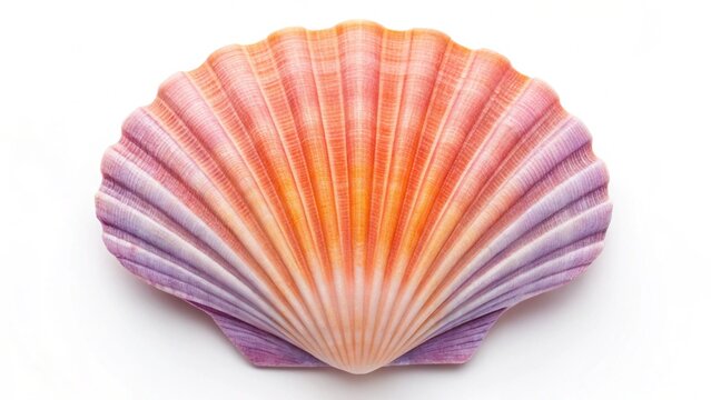 A single, clean scallop shell with a pronounced fan shape and an eye-catching array of delicate, blended colors