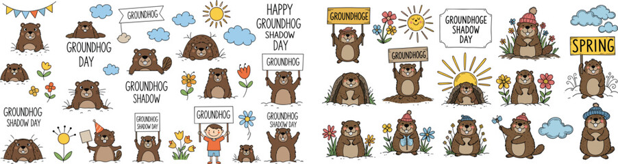 Groundhog Day cartoon characters celebrate. Cute animals, hand-drawn, happy spring, celebration, tradition, winter, holiday