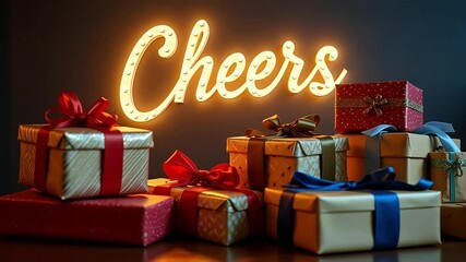 Pile of wrapped gifts with ribbons and bows under a cheers neon sign on a dark background