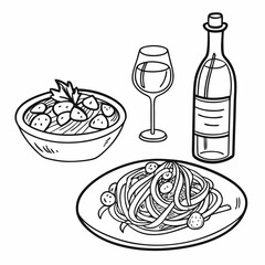 A vintage vector illustration of a food and drink set featuring a wine bottle, glass, and various bar beverage icons perfect for celebration