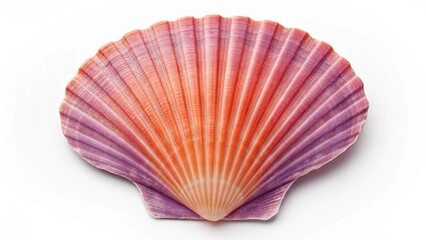 A single, clean scallop shell with a pronounced fan shape and an eye-catching array of delicate, blended colors. The sharp focus and clear isolation make it a versatile asset for various stock uses