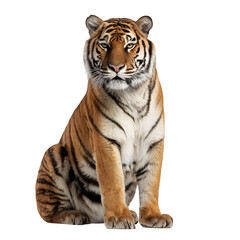 Obraz premium Tiger sitting with intense stare and upright regal posture and clean studio lighting and isolated white background Batch realistic clean bright simple modern stock image isolated on plain backgrou