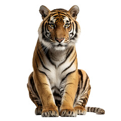 Obraz premium Tiger sitting with intense stare and upright regal posture and clean studio lighting and isolated white background Batch realistic clean bright simple modern stock image isolated on plain backgrou