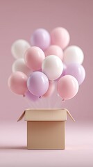 A delightful minimalist image of colorful pastel balloons floating out of a kraft paper box. This soft, joyful scene evokes feelings of surprise, celebration, gifting, and whimsical imagination