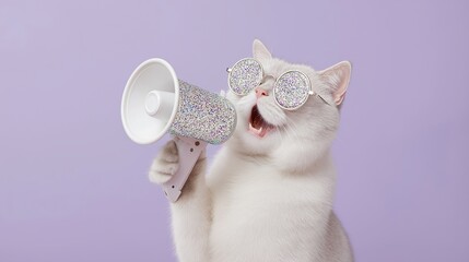 A fashionable white cat wearing disco ball sunglasses holds a sparkly megaphone, appearing to shout. Sales, discount and shopoholism, message to people