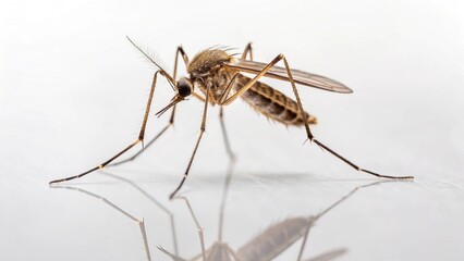 Fototapeta premium A remarkably clear close-up of a common mosquito, captured with sharp detail, showcasing its delicate wings, long legs, and a prominent proboscis. It rests on a pristine, reflective surface
