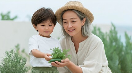 A senior woman and young child hold a green plant together in an outdoor garden. The image conveys cross-generational bonding, environmental education, family, and slow living with nature
