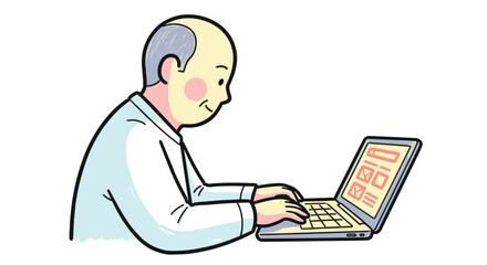 Man types on laptop, working on computer. Senior user, online, internet, elderly, information, technology, communication