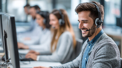 Fototapeta premium Smiling customer service agent wearing a headset, working at a computer. Colleagues are in the background. Professional office environment.