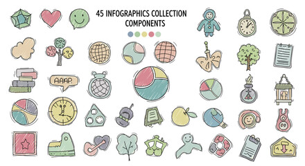 Infographics collection components, hand drawn style. Design elements, creative assets, information visualization, presentation design, vector graphics, data analysis.