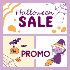 Obraz premium Spooktacular halloween sale and promo announcement featuring cute witches bats and pumpkins with festive decorations