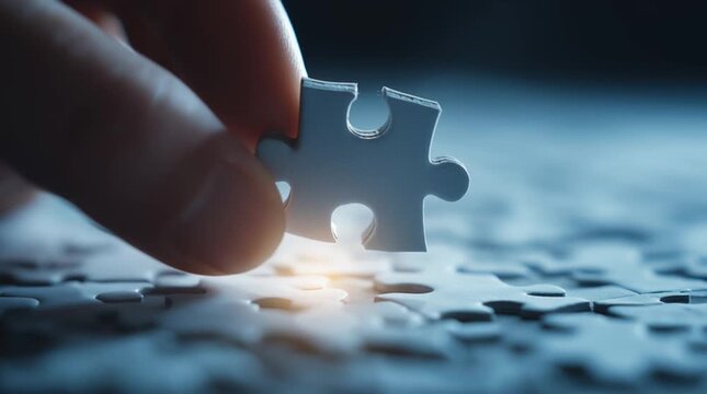 Completing the Puzzle: A hand delicately places the final piece into a complex puzzle, symbolizing problem-solving, the power of collaboration, and achieving completion.