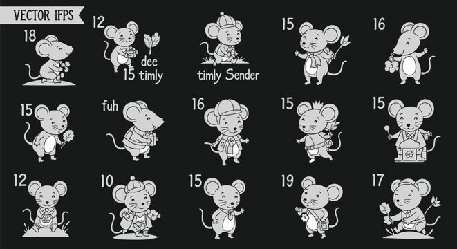 Collection of cartoon mice in various outfits. Vector IFPS, whimsical characters, mouse, animals, cute, graphic, fantasy, funny, mascot, illustration.