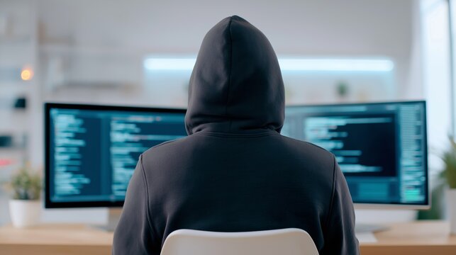 A person in a black hoodie sits in front of multiple screens displaying programming code in a sleek modern workspace. The faceless figure symbolizes anonymous hackers, cybersecurity threats