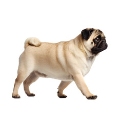 Fototapeta premium Tiny pug in a walking pose and full body side view and wrinkled face and compact build and isolated white background Batch realistic clean bright simple modern stock image isolated on plain backgr