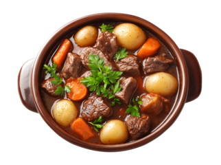 Boeuf bourguignon in a brown ceramic bowl isolated on a transparent background
