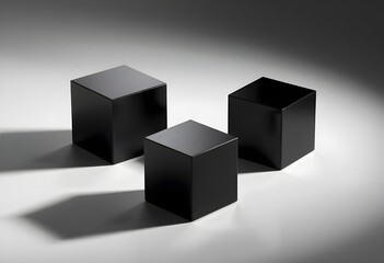 Two black cubes positioned at angles creating dynamic visual tension and geometric interplay perfect for contemporary graphic design projects and modern art installations