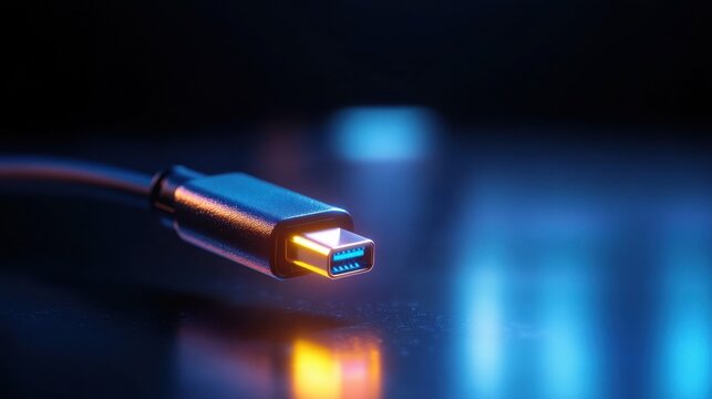 Futuristic tech element - USB-C port emitting light in total black background, floating mid-air