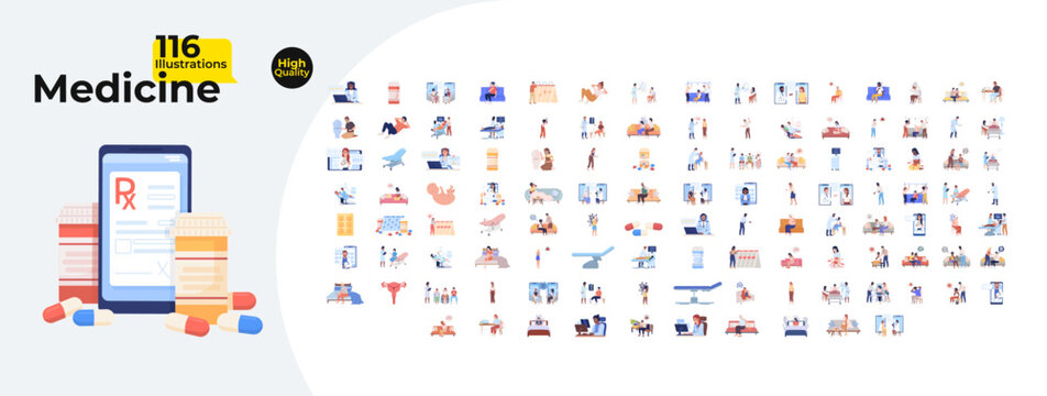 Telemedicine and healthcare cartoon flat illustrations mega bundle. Medical professionals, patient care. Pharmaceuticals, diagnosis 2D images isolated on white. Collection vector drawings colorful