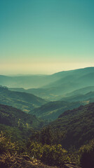 Obraz premium Serene Misty Mountain Landscape: Tranquil Green Hills, Vintage Tone, Summer Atmosphere