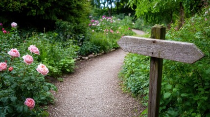 Garden trail marked by rustic wooden signage, wrapped in the soft hues of blossoming roses