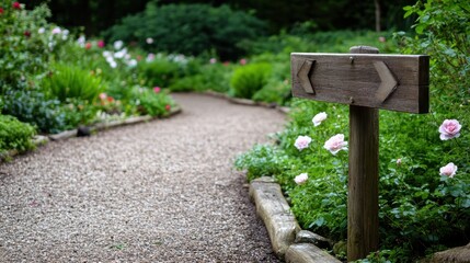 Garden trail marked by rustic wooden signage, wrapped in the soft hues of blossoming roses