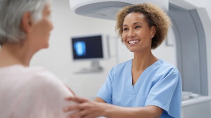 A smiling radiology technician in blue scrubs gently positions a patient for a medical scan. Captured in a bright, modern diagnostic room, this image highlights compassion, care and professionalism