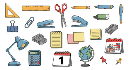 Stationery items and desk objects shown, office supplies. Education, learning, workspace, school, organization, creativity, tools, desk, office, equipment