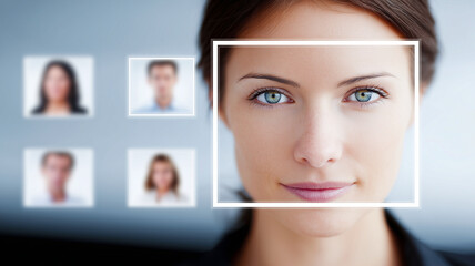 Facial recognition technology scanning woman face with digital interface and blurred profile images in background