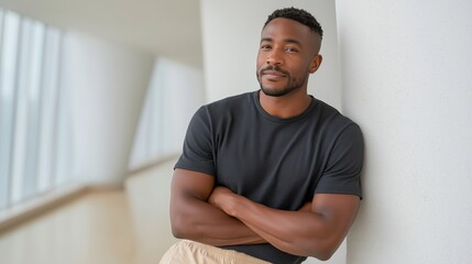 A confident young man with a stylish haircut, wearing a fitted black t-shirt, leans against a clean white wall inside a modern minimalistic space. The soft natural lighting and contemporary design