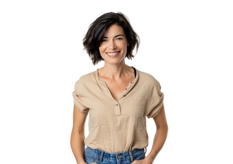 Fototapeta premium young smiling brunette woman with her hand in jeans pockets wearing beige top isolated on white or transparent png