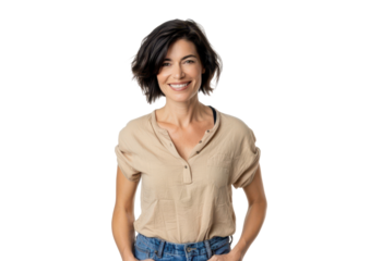 young smiling brunette woman with her hand in jeans pockets wearing beige top isolated on white or transparent png