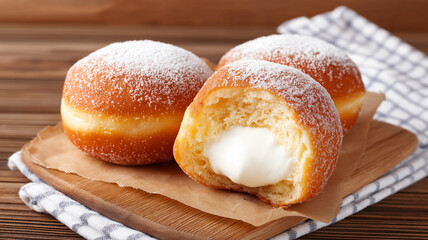 Classic sugar coated donut with creamy vanilla filling inside, soft texture and sweet flavor, served on wooden board with cloth napkin