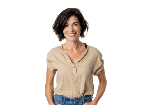 young smiling brunette woman with her hand in jeans pockets wearing beige top isolated on white or transparent png
