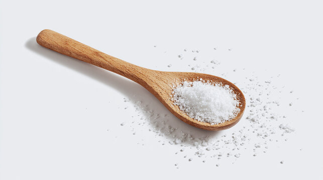 Wooden spoon filled with white granules, casting a soft shadow on a white background, highlighting simplicity and culinary preparation.