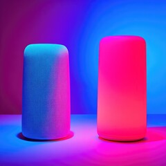 Two cylindrical smart speakers, one teal, one pink, emit ambient light against a vibrant purple and blue backdrop