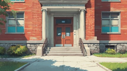 Modern school gymnasium entrance with brick facade and glass doors in educational campus setting