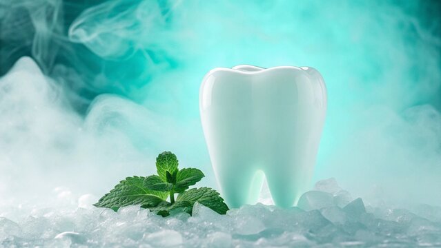 A radiant white tooth model emerging from a bed of ice cubes with cool, misty vapor swirling around it, symbolizing extreme freshness, cooling sensation, and advanced dental care.

