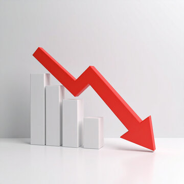 Minimalist white graph with red arrow pointing down. Business risk, financial decline and money loss