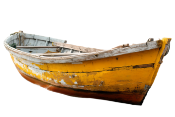 Classic yellow and white wooden fishing boat isolated on transparent PNG background — high‑resolution cutout perfect for coastal adventure graphics, maritime poster designs, harbor travel branding