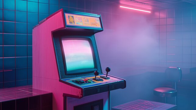 Retro-style arcade console with a glowing CRT screen, joystick, and vibrant buttons set in a dark gaming environment. This nostalgic image captures the essence of vintage gaming culture with strong 