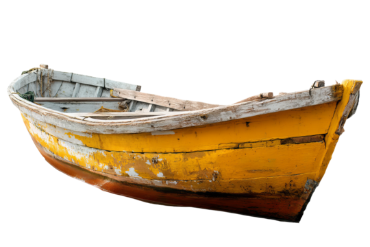 Classic yellow and white wooden fishing boat isolated on transparent PNG background — high‑resolution cutout perfect for coastal adventure graphics, maritime poster designs, harbor travel branding
